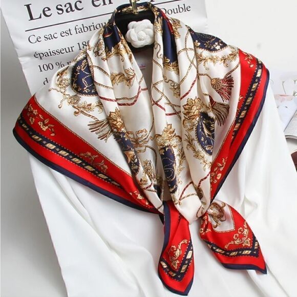 Women's Fashion Red or Blue Print Square Scarf Soft Satin Silky Shawl Scarves - Picture 7 of 10